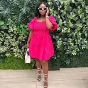 Avec Les Filles Puff Sleeve Poplin Tiered Dress Pink Size XS